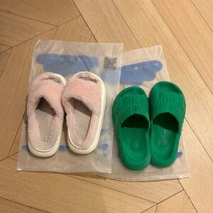 Cloudiness Plush Pink Slip-On Slippers and Green Slide Sandals Set size 7